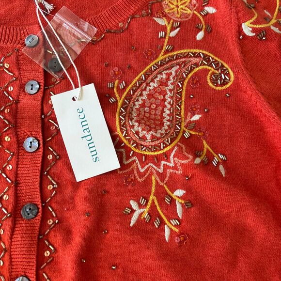 Sundance Cardigan Womens L Orange Salado Paisley Floral Embroidery Sequin NEW - Picture 9 of 11